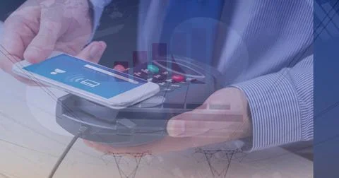 Image of financial data processing over man with smartphone and payment terminal Stock Photos