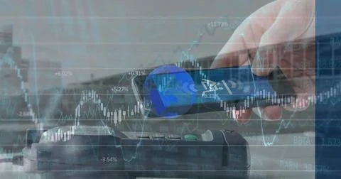 Image of financial data processing over man with smartphone and payment terminal Foto stock