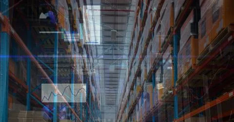 Image of financial data processing over warehouse Foto stock