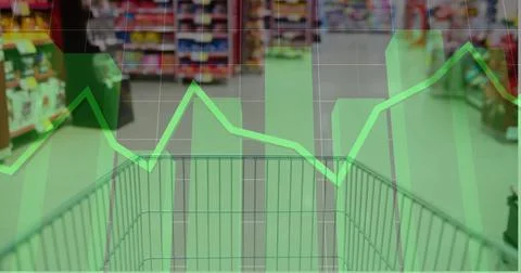 Image of financial data processing over shopping cart 写真素材