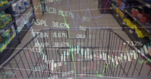 Image of financial data processing over shopping cart Stockfoto's