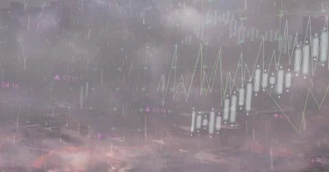 Image of financial data processing over sky with clouds and rain Foto stock