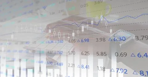 Image of financial data processing over woman typing on computer Stock Photos