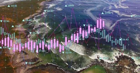 Image of financial data processing over aerial view of sea waves Stock Photos