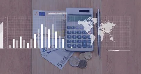 Image of financial data processing over calculator, euro currency bills and Foto stock