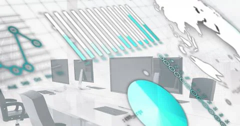 Image of financial data processing over empty office with computers Foto stock