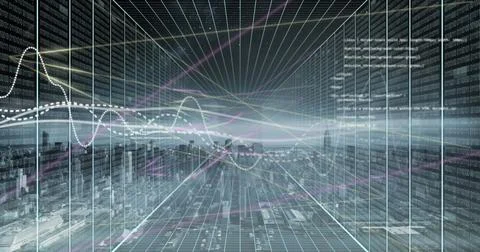 Image of financial data processing over cityscape Foto stock