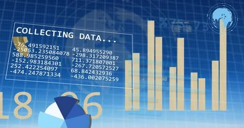 Image of financial data processing over blue background Foto stock