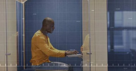 Image of financial data processing over african american businessman in office Stockfoto's