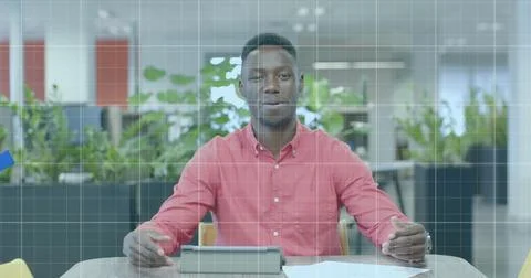 Image of financial data processing over african american businessman in office 스톡 사진