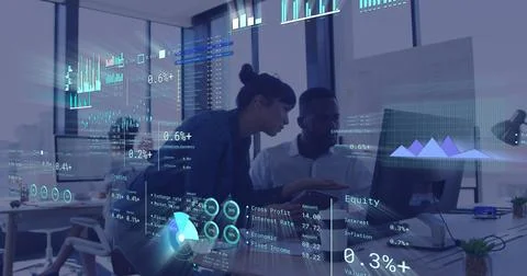 Image of financial data processing over diverse business people in office Stockfoto's