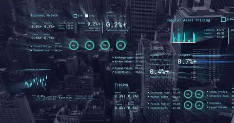 Image of financial data processing over cityscape 스톡 사진