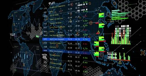 Image of financial data processing over screen and world map Stock Photos