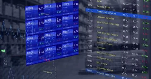 Image of financial data processing over warehouse Foto stock
