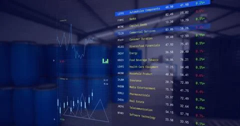 Image of financial data processing over warehouse Foto stock