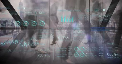 Image of financial data processing over people in office Stockfoto's