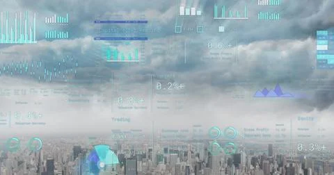 Image of financial data processing over cityscape Foto stock