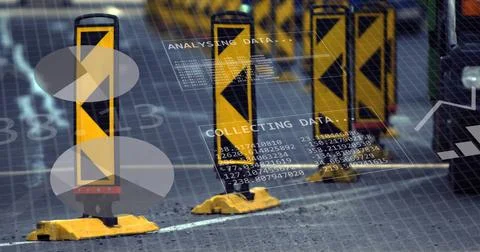 Image of financial data processing over grid and road background Foto stock