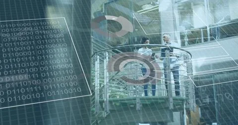 Image of financial data processing over grid and office building background Stock Photos