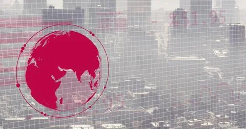 Image of financial data processing over grid and cityscape background Stock Photos