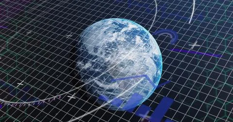 Image of financial data processing over grid and globe background 写真素材