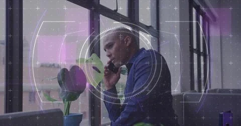Image of financial data processing over biracial businessman using phone Stock Photos