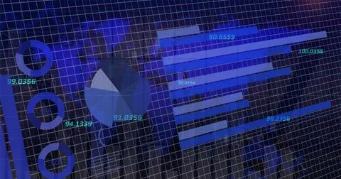 Image of financial data processing over grid and world map background Stock Photos