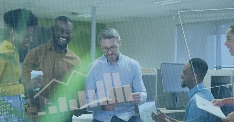 Image of financial data processing over diverse business people working in Foto stock