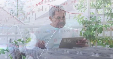 Image of financial data processing over senior man using tablet at home Stock Photos