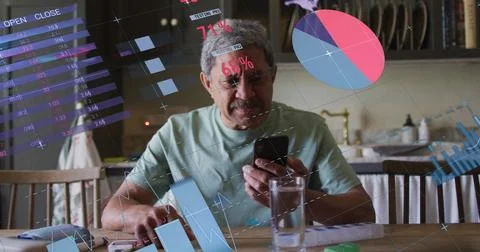 Image of financial data processing over senior man using smartphone at home 스톡 사진