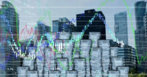 Image of financial data processing over silver coins Stock-Fotos