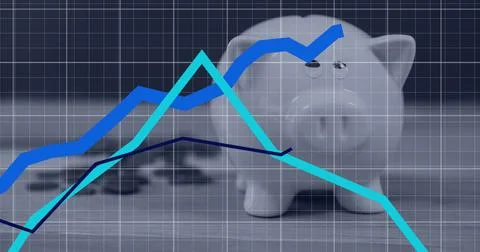 Image of financial data processing over piggybank and coins Stock-Fotos