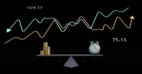 Image of financial data processing over scales with stacks of coins and alarm Stock Photos
