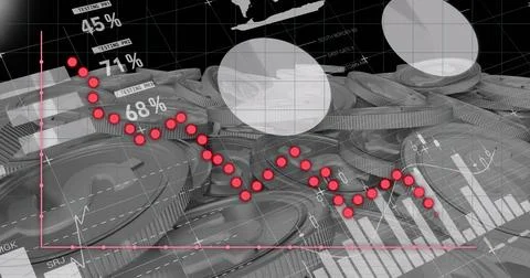 Image of financial data processing over silver coins Stock-Fotos