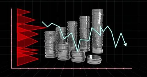 Image of financial data processing over silver coins Stock-Fotos