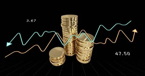 Image of financial data processing over gold coins Stock-Fotos