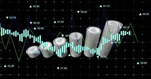 Image of financial data processing over silver coins Stock-Fotos