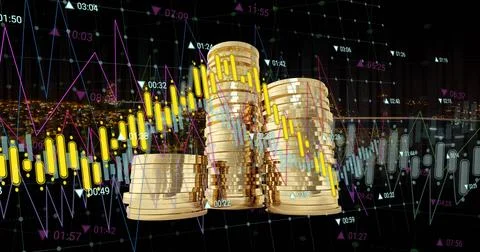Image of financial data processing over gold coins Stock-Fotos