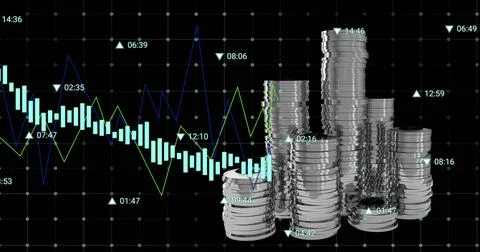Image of financial data processing over silver coins Stock-Fotos