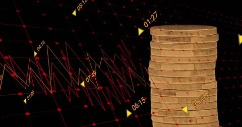 Image of financial data processing over gold coins Stock-Fotos