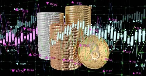 Image of financial data processing over gold coins Stock-Fotos