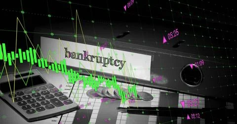 Image of financial data processing over calculator, bankruptcy file and coins Stock-Fotos
