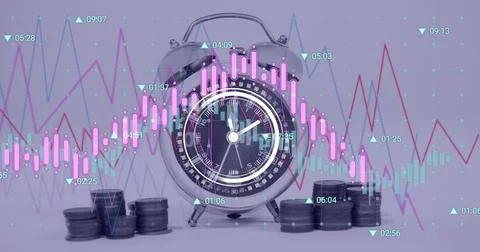Image of financial data processing over alarm clock and stacks of coins Stock Photos