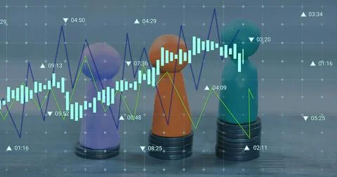 Image of financial data processing over three pawns and stacks of coins 库存照片
