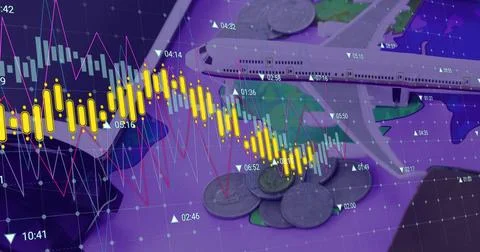 Image of financial data processing over plane model and coins Stock-Fotos