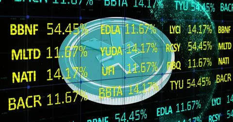 Image of financial data processing over yen coin and globe Foto stock