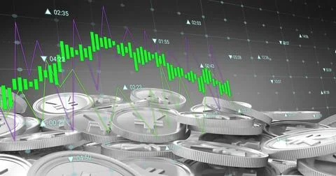 Image of financial data processing over silver yen coins Stock-Fotos
