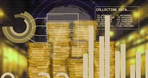 Image of financial data processing over gold coins Stock-Fotos