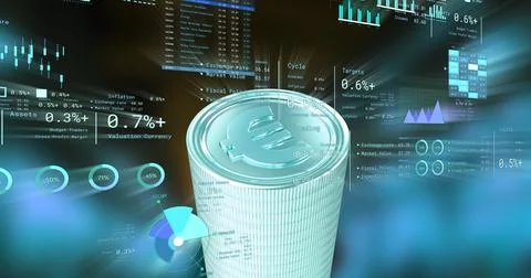 Image of financial data processing over stack of euro coins Stockfoto's