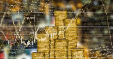 Image of financial data processing over stacks of gold coins Stock Photos